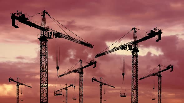 Silhouettes of Numerous High Tower Cranes at Red Sunset