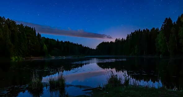 Milky Way and Star Time Lapse Over a Calm Lake with Tree Silhouettes