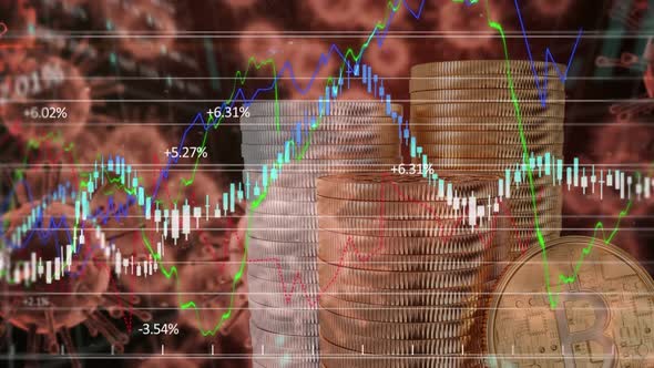Cells of coronavirus spreading over stock market display in the background. alt