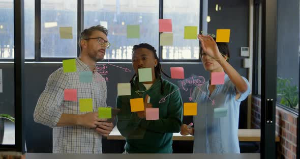 Business executives discussing over sticky note in office 4k