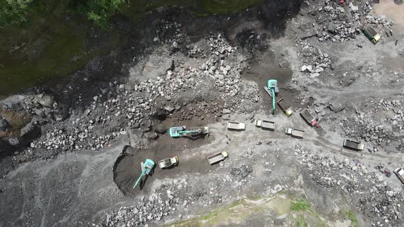 Aerial view of sand and stone mining activity in Merapi mountain Indonesia.