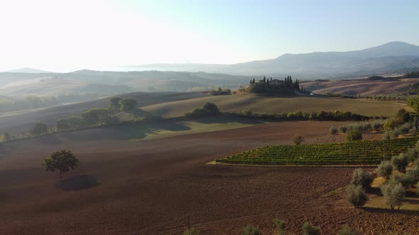 Val d'Orcia Tuscan Rolling Hills Countryside Valley in Tuscany Aerial View