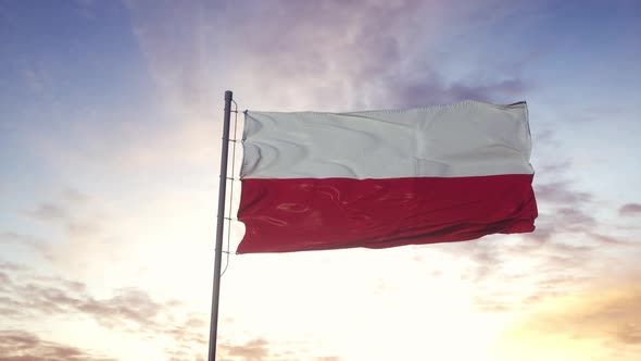 The National Flag of Poland Waving in the Wind Dramatic Sky Background