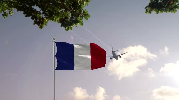 France Flag With Airplane And City 