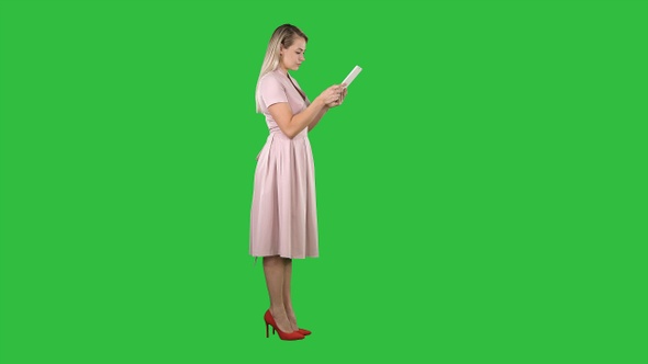 Young Woman in Pink Dress Side View Using Tablet on A Green