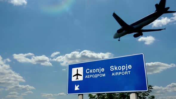 Airplane landing at Skopje North Macedonia airport