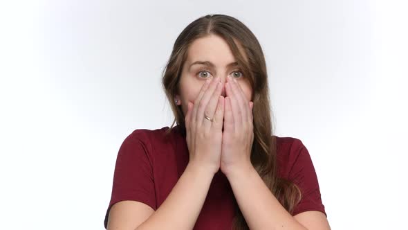 Portrait of Happy Smiling Amazed Woman Opens Mouth and Laughs at Camera