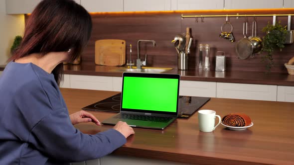 Green Screen Laptop Woman Greets Talking Listens Online Video Call Webcam Chat