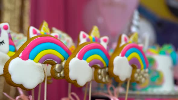 Kid's Birthday Party. Unicorn Themed Treats, Against Colorful Background