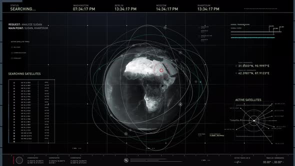 Searching for the Satellites in Sudan. Footages is Broadcasted. User interface alt