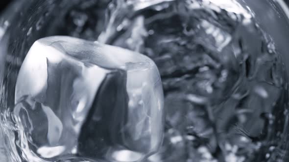 Super Slow Motion Detail Shot of Ice Cube Falling Into Glass With Alcohol Liquid at 1000 Fps