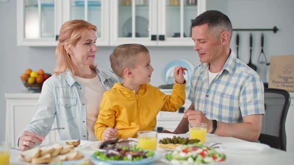 Happy Childhood Joyful Little Boy Sits in Mom Arms and Hand Feeds His Smiling Male Parent Sitting at