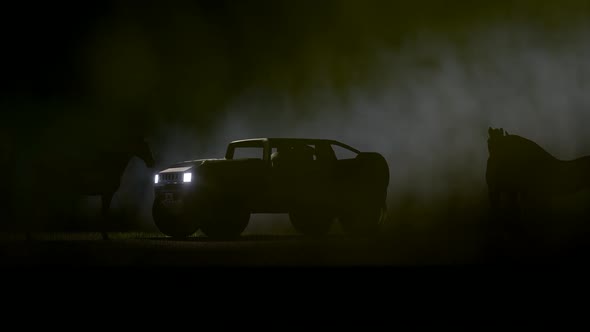 Horse and Terrain Vehicle on Foggy Background