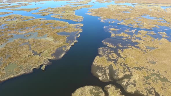 Aerial Swamp Wetland and Lake Next to Reed Delta by Sea