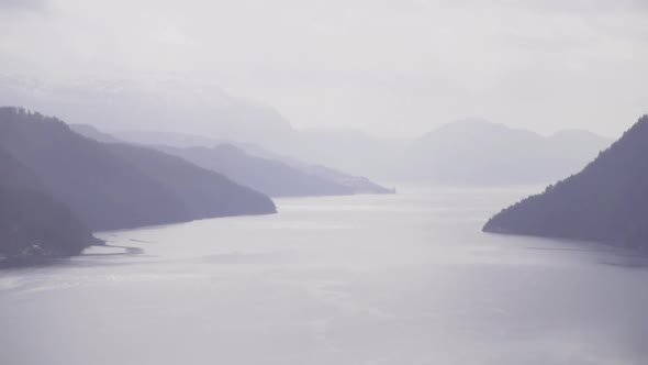 View of Saudafjord in Norway on a hazy day