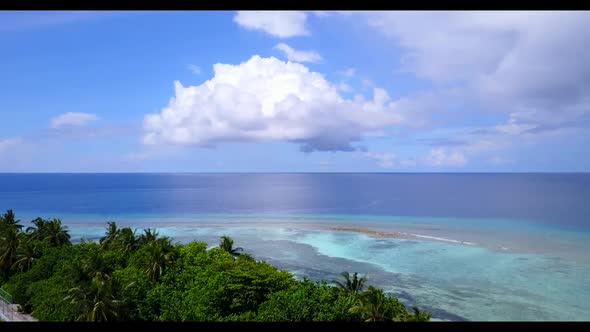 Aerial above panorama of tranquil sea view beach trip by blue ocean with white sand background of a 