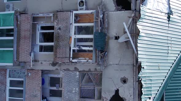 Vertical Video of a Wartorn Building in Ukraine