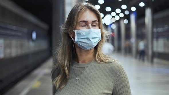 Masked Passenger Waiting Train Subway Corona Virus. Girl Stand Station Covid-19.