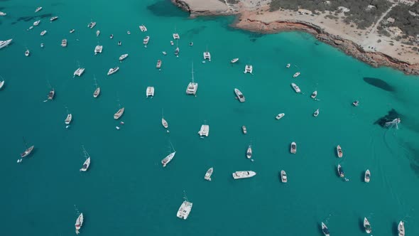 Aerial View of Many Yachts in a Bay on Formentera Island