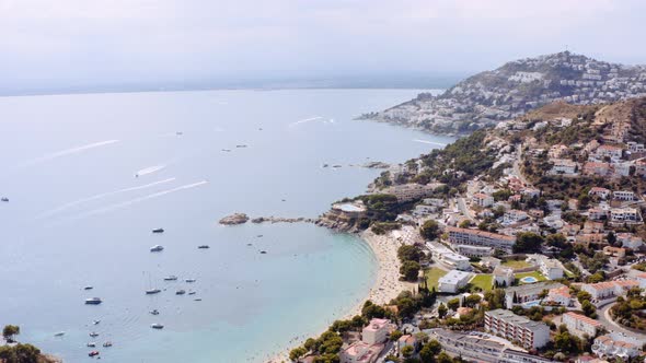 Aerial of Famous Coastal Mediterranean Town of Roses Spain