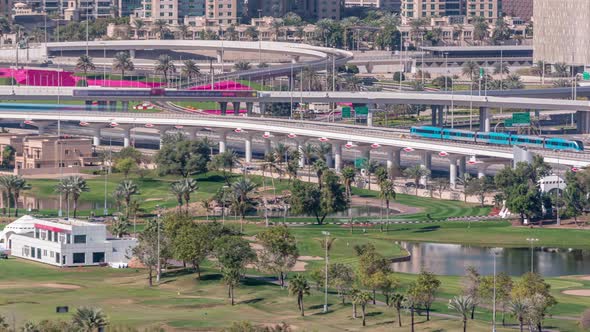 Dubai Marina Skyscrapers and Golf Course Morning Timelapse Dubai United Arab Emirates