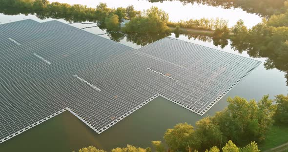 Landscaping Panorama View of Floating Solar Panels Platform on the Lake