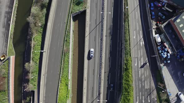 Aerial footage of the A50, A500 motorway, dual carriage way in the heart of the city of Stoke on Tre