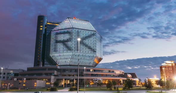 Minsk Belarus National Library Building In Summer Evening Sunset Time