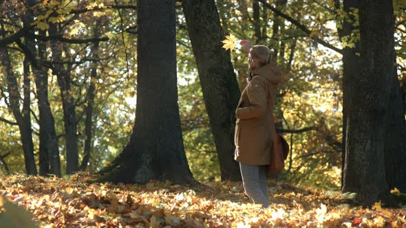 Woman Holding and Spinning Maple Tree Leaf in Autumn alt