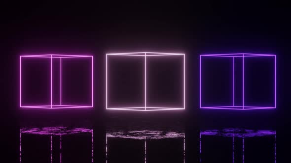 Neon glowing boxes in dark space with reflections on the floor