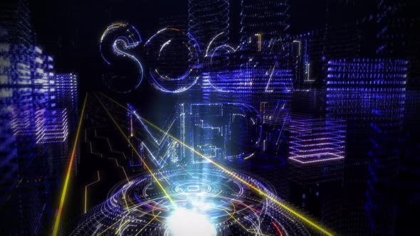 Data is Gathered to Create a Hologram. The Text Social Media is Being Projected. alt