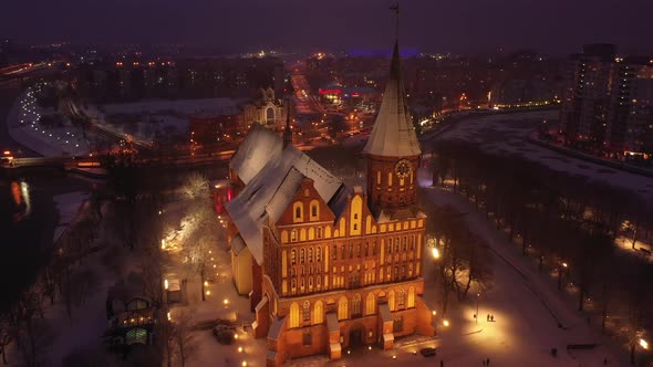 Aerial view of the Cathedral in Kaliningrad at the night in the wintertime