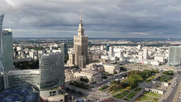 Aerial view of Palace of Culture and Science in Warsaw city, capital of Poland