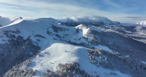 Aerial view of frozen forest with snow covered trees at winter. Flight above mountains in Bakuriani