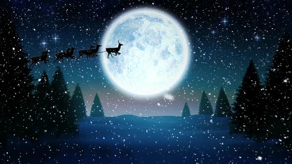 Video composition with falling snow over  animation of  santa in sleigh  at winter scenery
