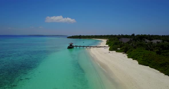 Tropical above copy space shot of a white sandy paradise beach and aqua blue ocean background