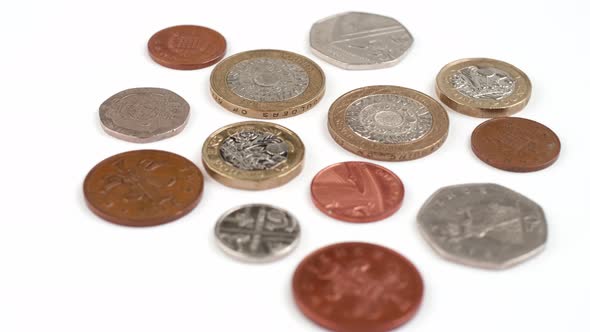 UK Currency pounds coins rotating close up footage against the white background