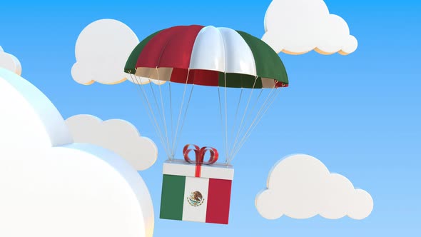 Carton with Flag of Mexico Falls with a Parachute