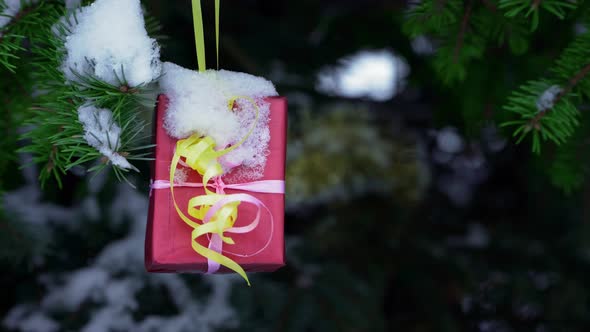 Christmas toys on a Christmas tree near the house. new Year decoration