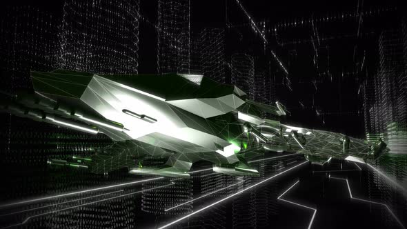 A starship is floating inside of the futuristic cyber tech virtual reality town