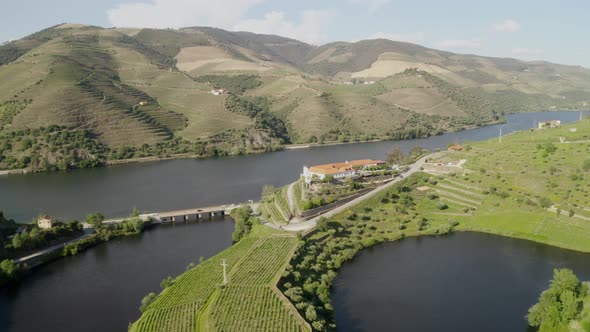 Quinta do Tedo drone view of s shape bend river in Douro wine region, in Portugal