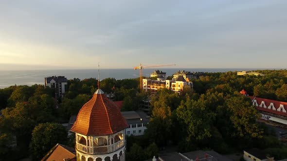 Top view of the Water Tower of Svetlogorsk in sunset