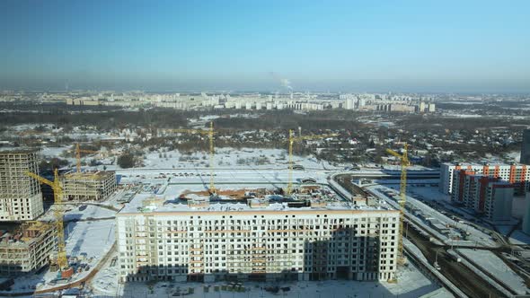 City quarters. Multi-story houses. Winter cityscape.