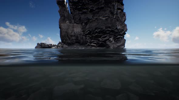 Ocean Seascape with Sky and Ocean Wave Splitted By Waterline to Underwater Part