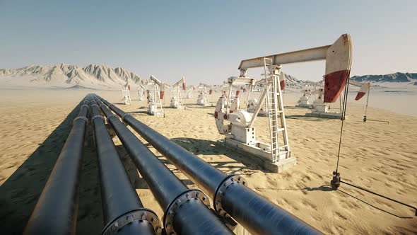 Animation of working oil pumping jacks and the oil pipeline. Loopable. HD