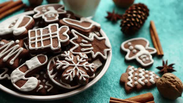Sweet Christmas Composition. Assortment of Gingerbread Cookies on a Plate