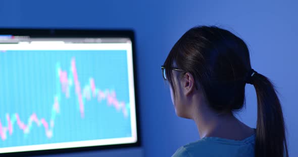 Woman Work on Stock Photo Market Graph at Night