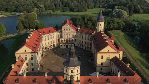 Flying Over the Nesvizh Castle, the Park Around the Castle and the Lake, Aerial Video of Nesvizh