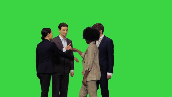 Four Business People Meet Greet Each Other and Shake Hands on a Green Screen Chroma Key