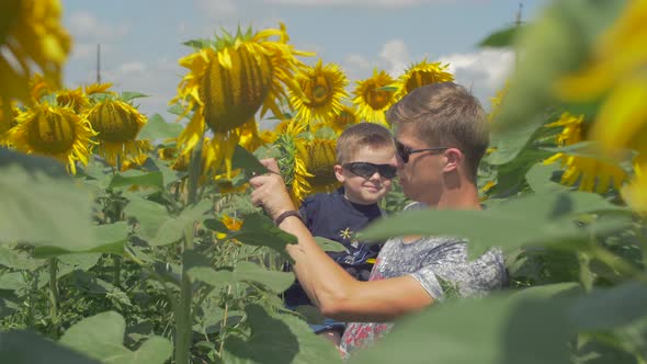 Father with son in a sunflower field